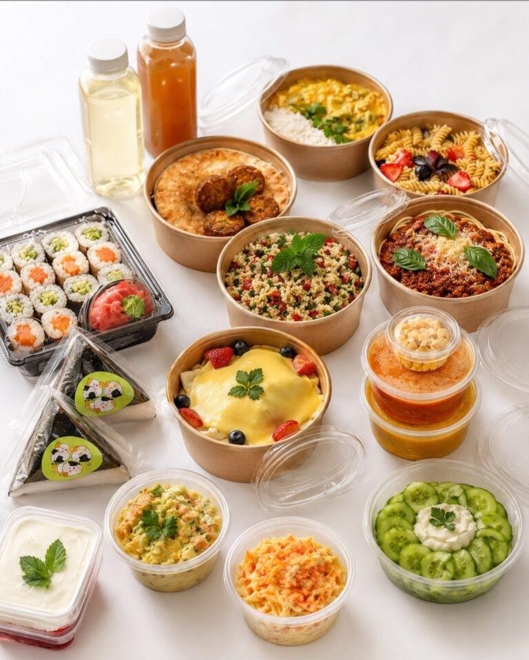 Jeden dzień menu w opakowaniach: sushi i onigiri, makaron, sałatki, zupy, deser i soki tłoczone na zimno w zamkniętych pojemnikach