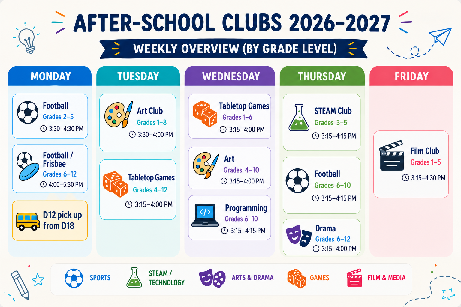 After-school clubs timetable for 2026/2027, as supplied in the 23 October bulletin