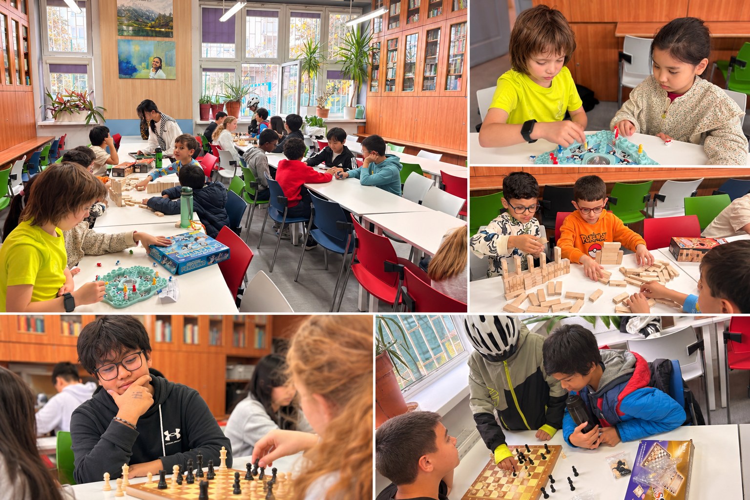 Students from different year groups playing chess, board games and building together